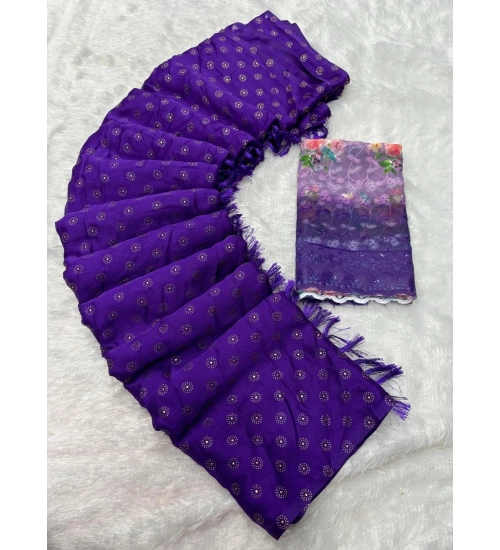 Women's Printed Brasso Saree With Unstitched Blouse (Purple, 5-6 Mtrs)