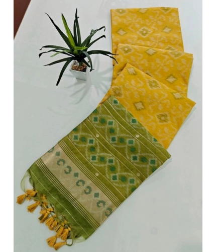 Women's Raw Silk Ikkat Saree With Unstitched Blouse 5.5Mtr (Yellow)