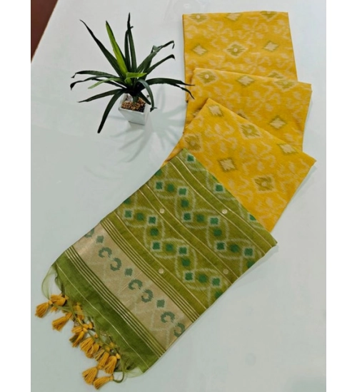 Women's Raw Silk Ikkat Saree With Unstitched Blouse 5.5Mtr (Yellow)