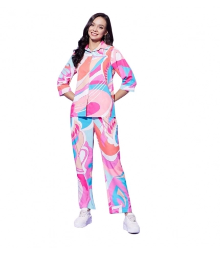 Women's Polyester Printed 3-4th Sleeve Co-Ord Set (Multicolor)