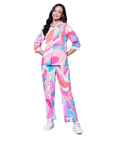 Women's Polyester Printed 3-4th Sleeve Co-Ord Set (Multicolor)