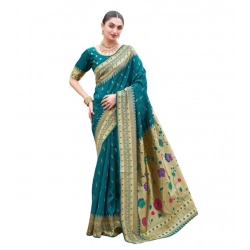 Women's Silk Blend Paithani Weaving Saree With Unstitched Blouse 5.5Mtr (Teal)