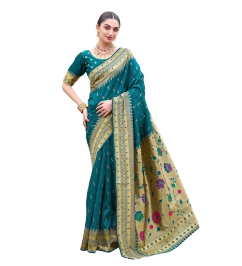Women's Silk Blend Paithani Weaving Saree With Unstitched Blouse 5.5Mtr (Teal)