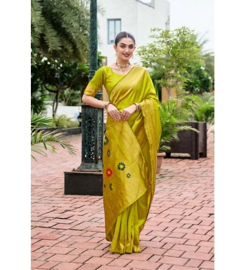 Women's Silk Blend Zari Woven Saree With Unstitched Blouse 5.5Mtr (Lime Green)