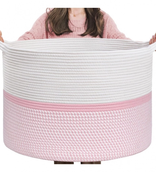 Cotton Dori 16x14 Inch Storage Basket For Clothes (White-Pink White)