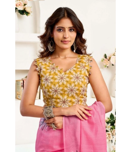 Women's Faux Linen Floral Print Ready to wear Saree With Unstitched Blouse 5.5Mtr (Pink)