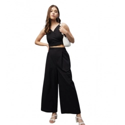 Women's Cotton Linen Solid Sleeveless Crop Top and Palazzo Set (Black)