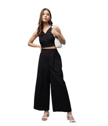 Women's Cotton Linen Solid Sleeveless Crop Top and Palazzo Set (Black)