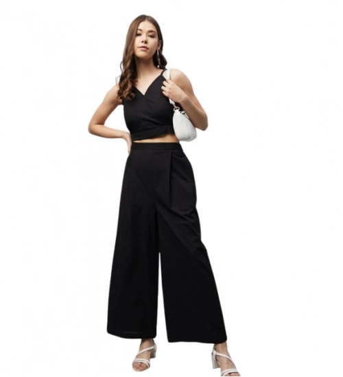 Women's Cotton Linen Solid Sleeveless Crop Top and Palazzo Set (Black)
