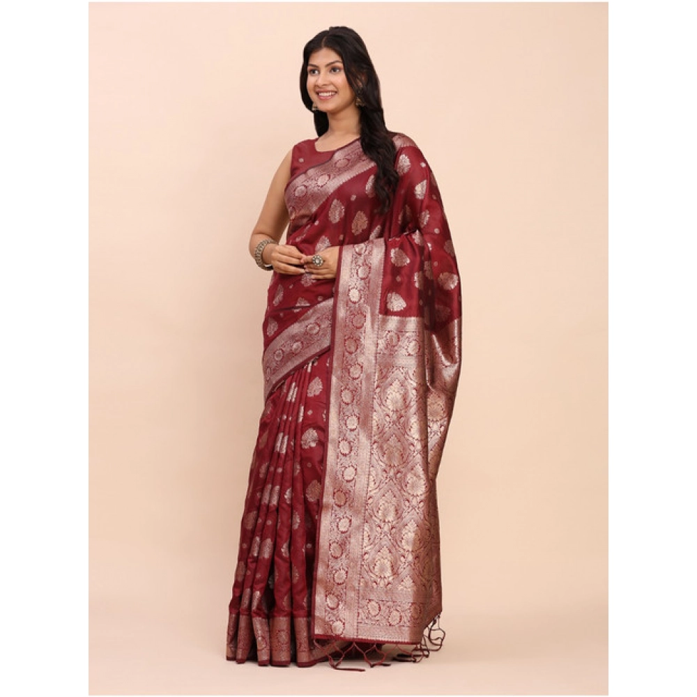 Women's Banarasi Silk Printed Saree With Unstitched Blouse 5.5Mtr (Maroon)
