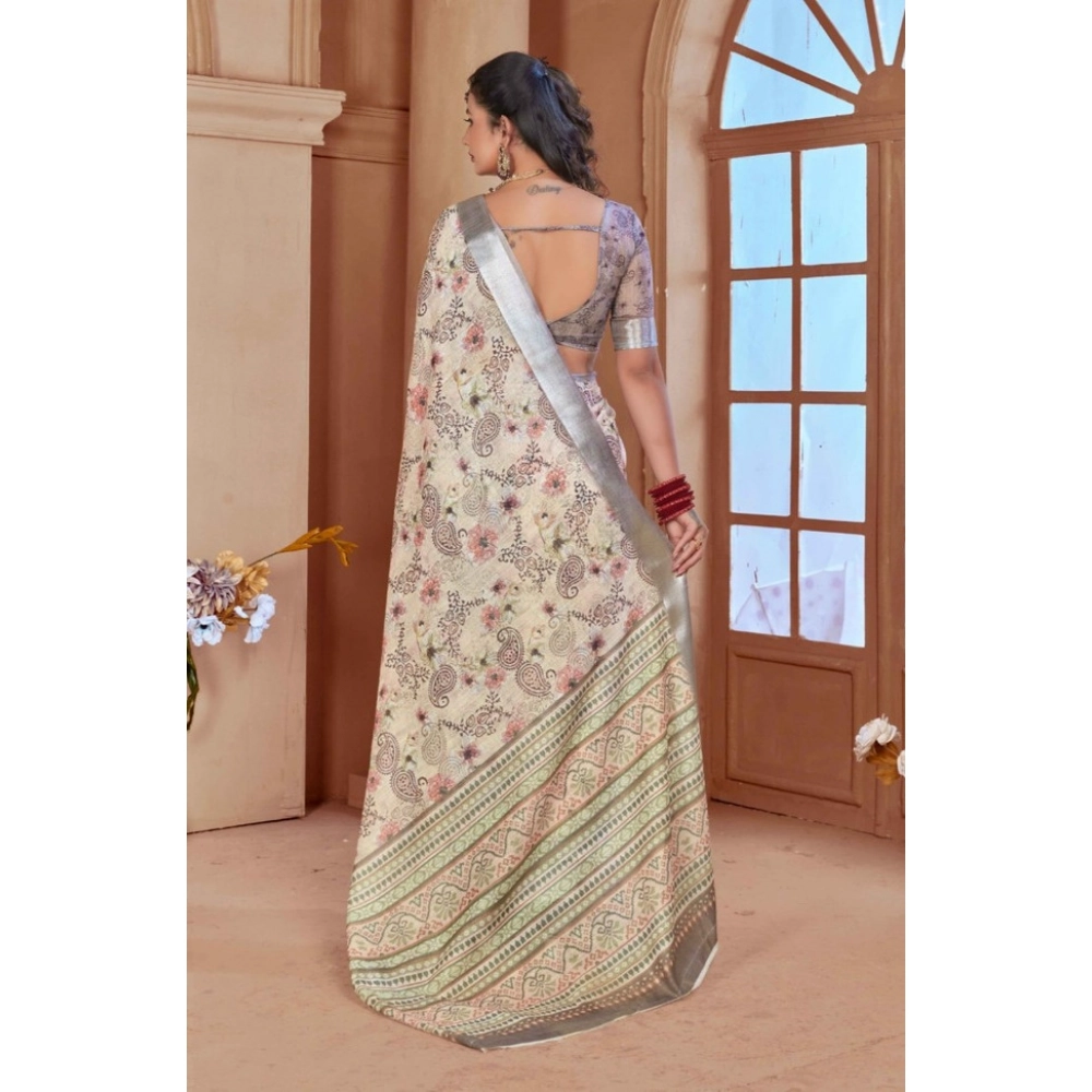 Women's Printed Cotton Linen Saree withPrinted  Saree With Unstitched Blouse (Beige, 5-6Mtrs)