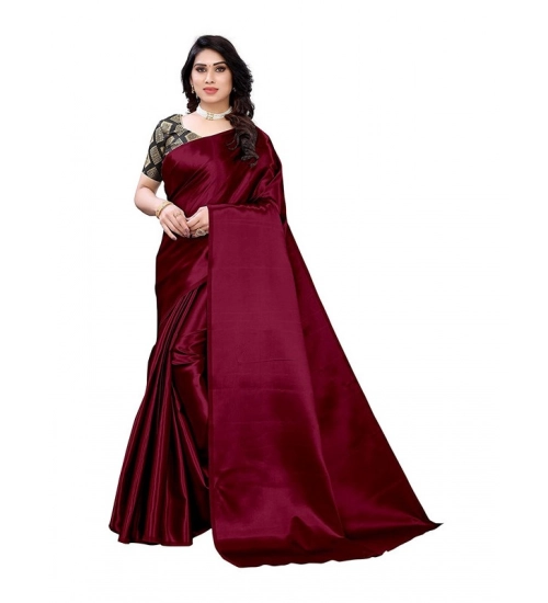 Women's Satin Printed Saree With Unstitched Blouse 5.5Mtr (Maroon)