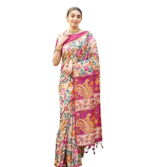 Women's Faux_Tussar Kalamkari_Print Saree With Unstitched Blouse 5.5Mtr (Pink)