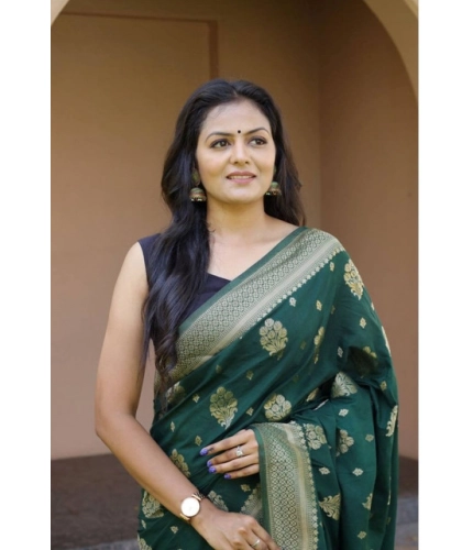 Women's Soft Lichi Silk Printed Saree With Unstitched Blouse 5.5Mtr (Bottle-Green) Women's Soft Lichi Silk Printed Saree With Unstitched Blouse 5.5Mtr (Bottle-Green)