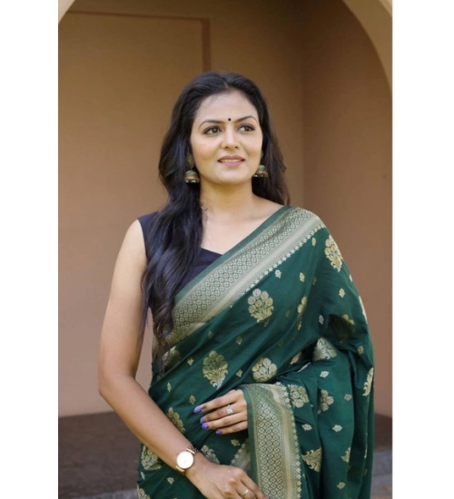 Women's Soft Lichi Silk Printed Saree With Unstitched Blouse 5.5Mtr (Bottle-Green)