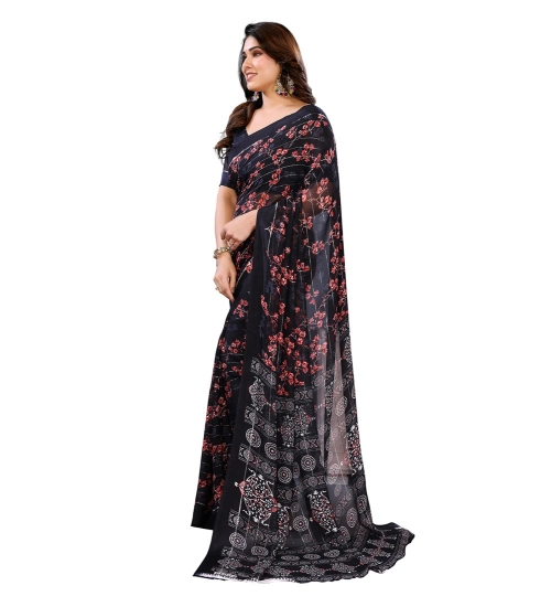 Women's Georgette Printed Saree With Unstitched Blouse 5.5Mtr (Navy Blue)