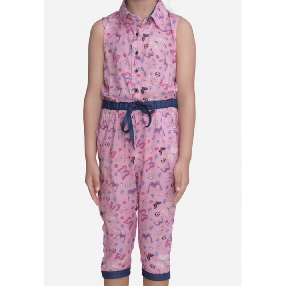 Girl's Cotton Printed Sleeveless Jumpsuit (Pink) Girl's Cotton Printed Sleeveless Jumpsuit (Pink)