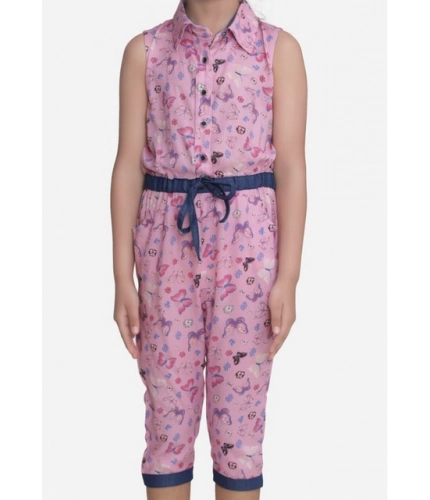 Girl's Cotton Printed Sleeveless Jumpsuit (Pink)