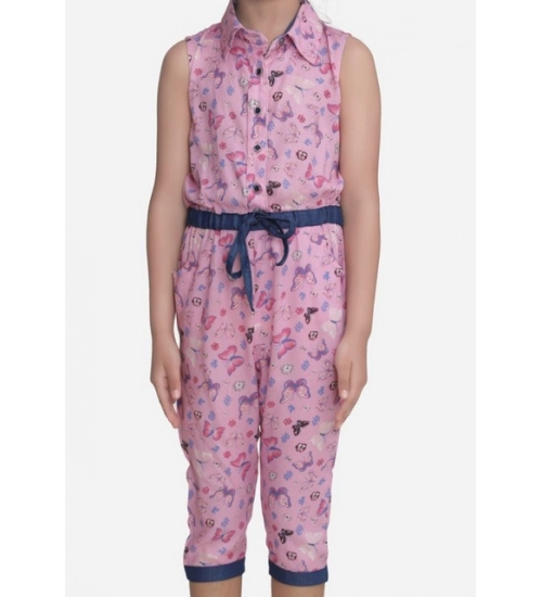 Girl's Cotton Printed Sleeveless Jumpsuit (Pink)