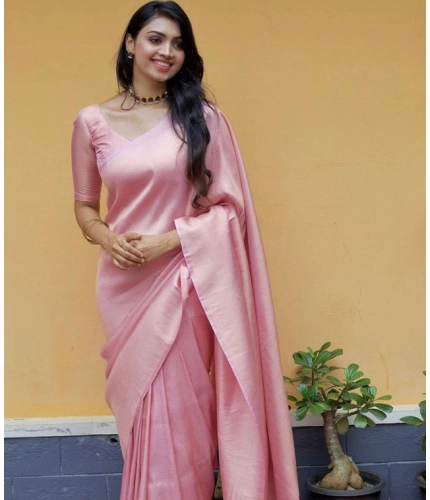 Women's Litchi silk Printed Saree With Unstitched Blouse (Light Pink)