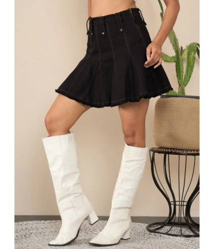 Women's Denim Washed Buttoned Skirt (Black)