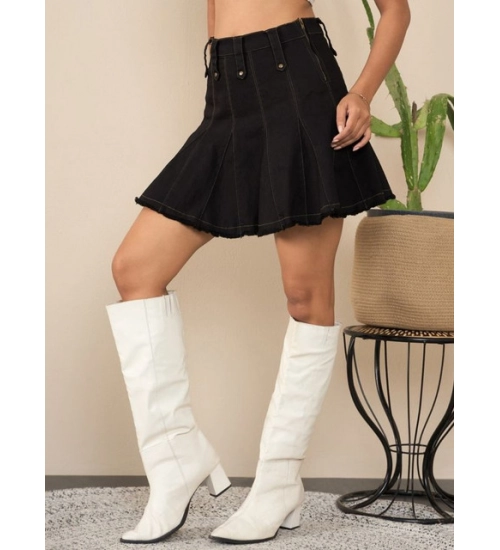 Women's Denim Washed Buttoned Skirt (Black)
