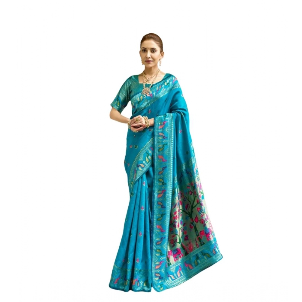 Women's Silk Blend Woven Saree With Unstitched Blouse 5.5 Mtr (Turquoise) Women's Silk Blend Woven Saree With Unstitched Blouse 5.5 Mtr (Turquoise)