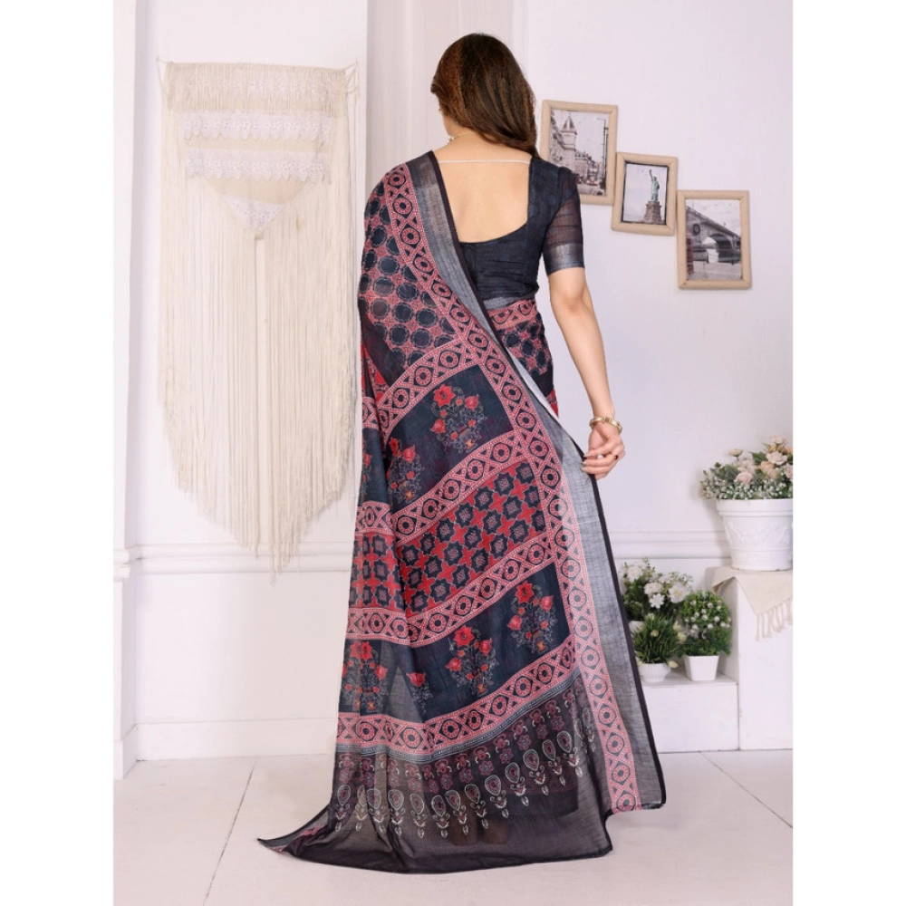 Women's Linen Cotton Printed Saree With Unstitched Blouse 5.5Mtr (Black) Women's Linen Cotton Printed Saree With Unstitched Blouse 5.5Mtr (Black)