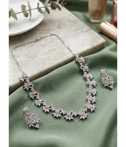 Women's Brass Silver Plated Necklace set (Pink)