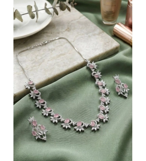 Women's Brass Silver Plated Necklace set (Pink)