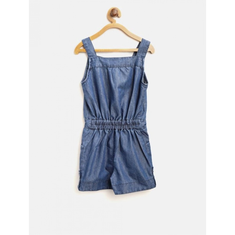 Girl's Denim Embroidered Sleeveless Jumpsuit (Blue) Girl's Denim Embroidered Sleeveless Jumpsuit (Blue)
