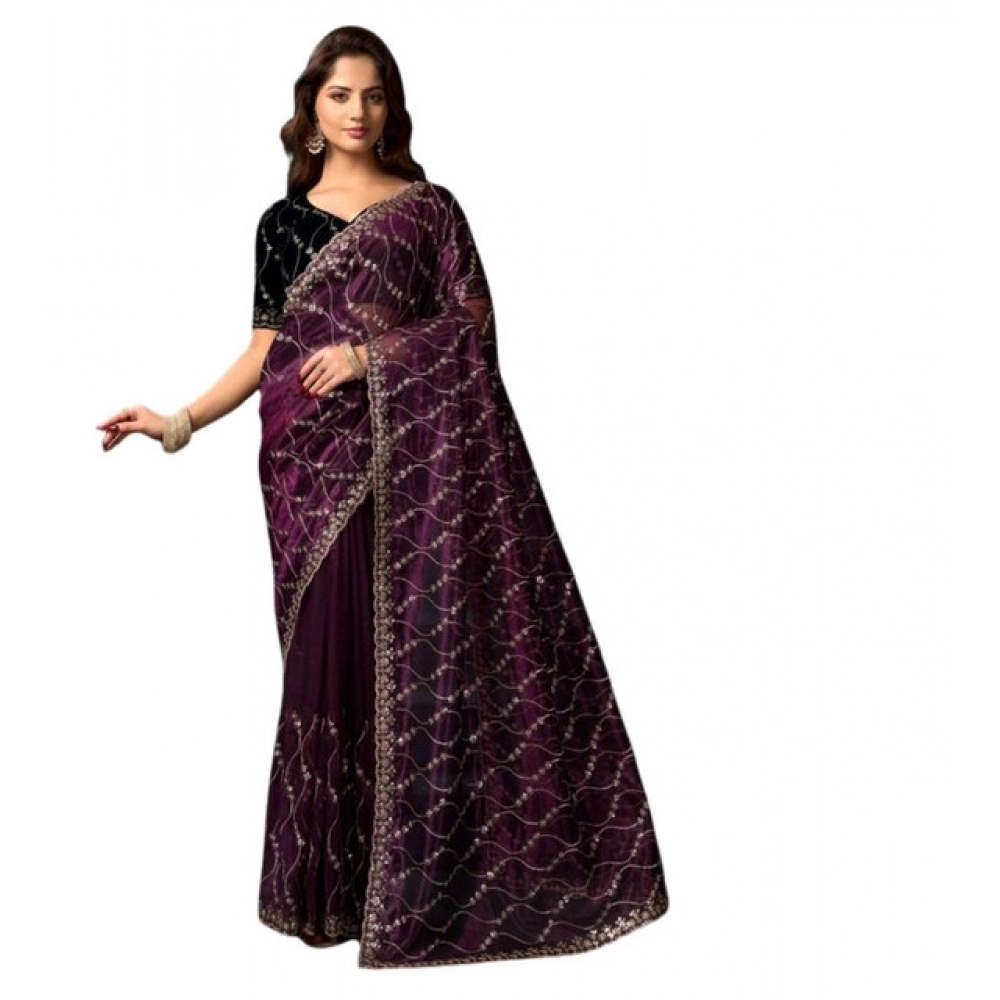 Women's Net Sequence Saree With Unstitched Blouse 5.5Mtr (Purple)