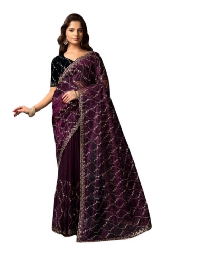 Women's Net Sequence Saree With Unstitched Blouse 5.5Mtr (Purple)