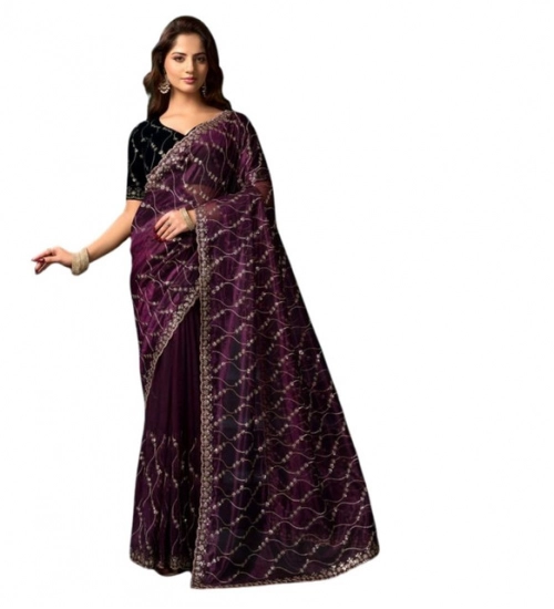 Women's Net Sequence Saree With Unstitched Blouse 5.5Mtr (Purple) Women's Net Sequence Saree With Unstitched Blouse 5.5Mtr (Purple)