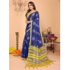 Women's Linen Cotton Printed Saree With Unstitched Blouse 5.5Mtr (Blue)