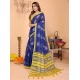 Women's Linen Cotton Printed Saree With Unstitched Blouse 5.5Mtr (Blue)