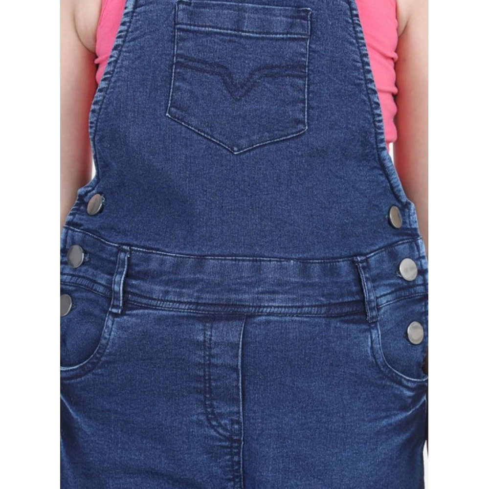Girl's Denim Patch Work Buttoned Dungaree (Blue)