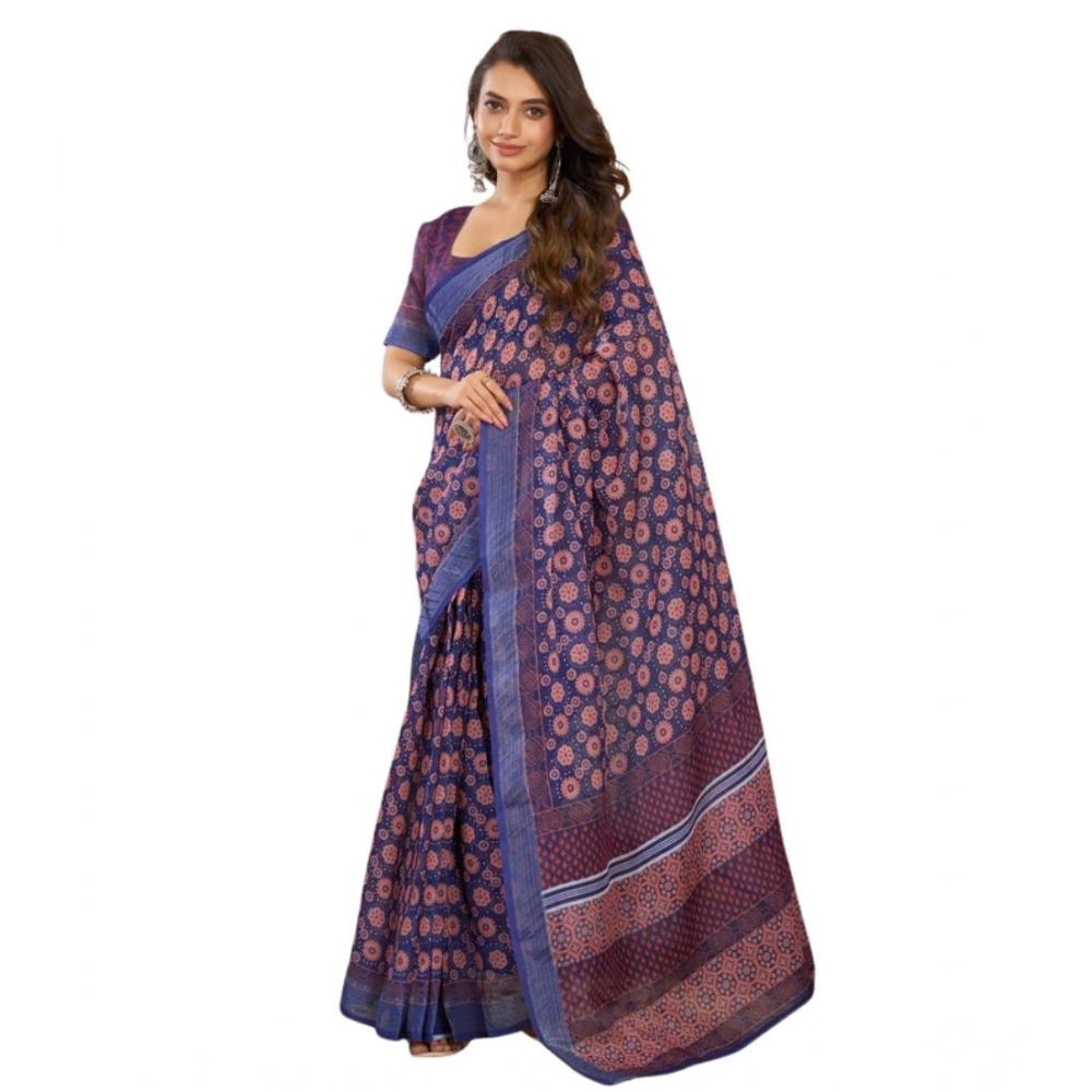 Women's Faux Linen Floral Print Ready to wear Saree With Unstitched Blouse 5.5Mtr (Dark_NavyBlue) Women's Faux Linen Floral Print Ready to wear Saree With Unstitched Blouse 5.5Mtr (Dark_NavyBlue)
