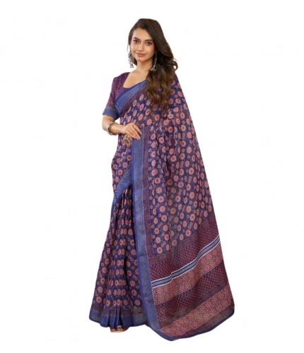 Women's Faux Linen Floral Print Ready to wear Saree With Unstitched Blouse 5.5Mtr (Dark_NavyBlue)