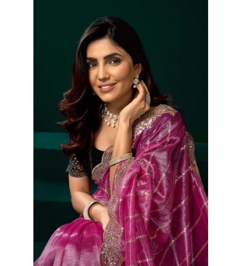 Women's Net Sequence Saree With Unstitched Blouse 5.5Mtr (Pink)