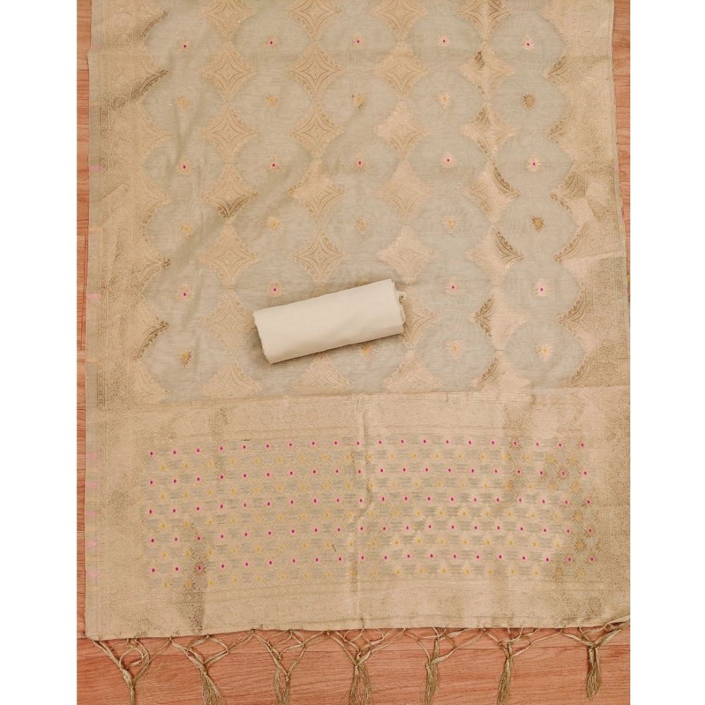 Women's Banarasi Silk Printed Unstitched Salwar Suit Material With Dupatta (Cream, 3Mtrs)