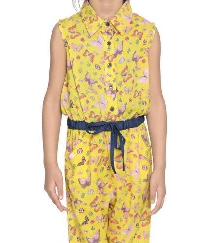 Girl's Cotton Printed Sleeveless Jumpsuit (Yellow)