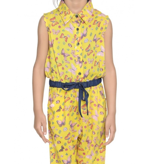 Girl's Cotton Printed Sleeveless Jumpsuit (Yellow)