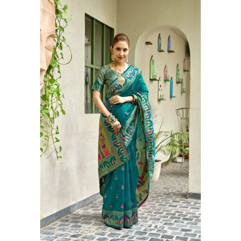 Women's Silk Blend Woven Saree With Unstitched Blouse 5.5 Mtr (Teal)