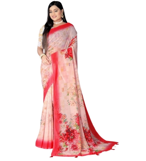 Women's Georgette Floral Printed Saree With Unstitched Blouse 5.5Mtr (Red)