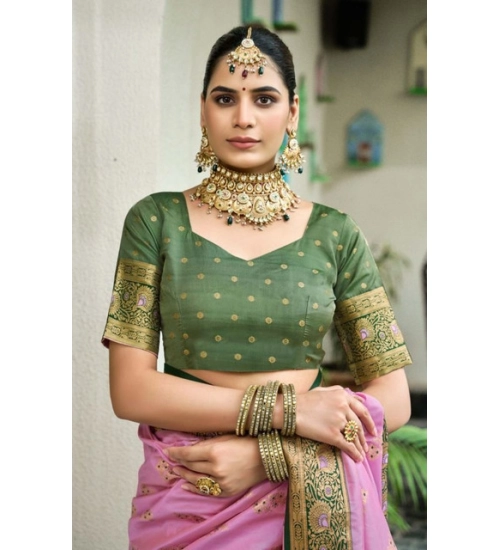 Women's Silk Blend Booti Work Ready to wear Saree With Unstitched Blouse 5.5Mtr (LightPink)