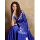 Women's Satin Crepe Printed Saree With Unstitched Blouse 5.5Mtr (Navy Blue)