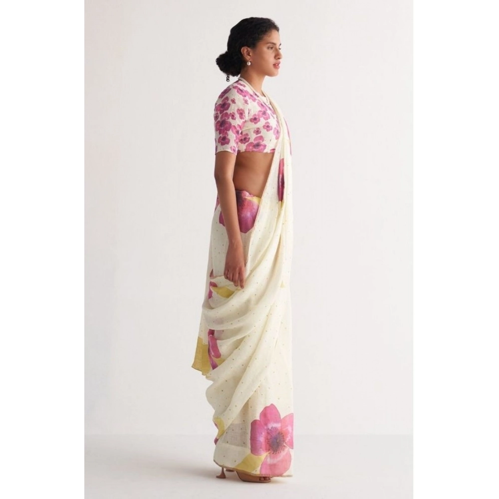 Women's Linen Printed Saree With Unstitched Blouse 5.5Mtr (White)