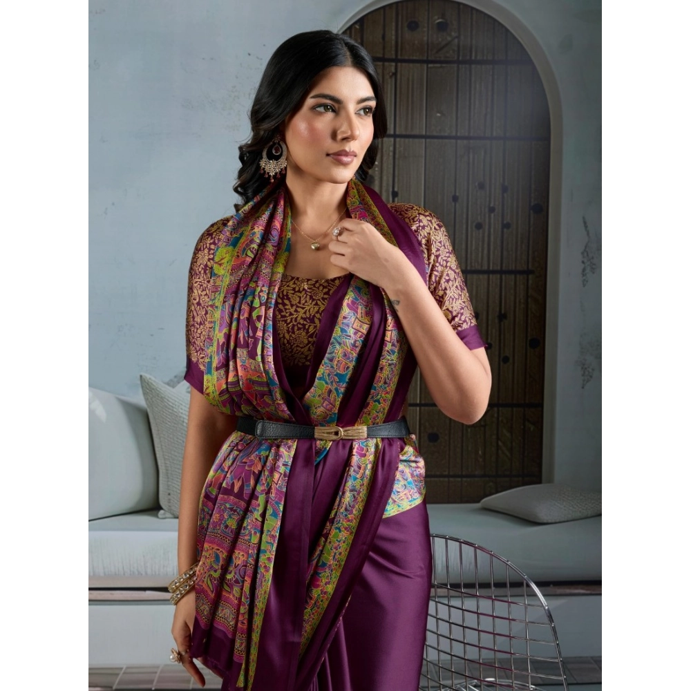 Women's Satin Crepe Printed Saree With Unstitched Blouse 5.5Mtr (Purple)