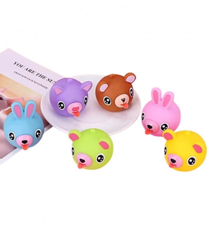 Pack Of 5 Rubber-PVC Animal Faces Squishy Squeeze Stress Balls (Multicolor)